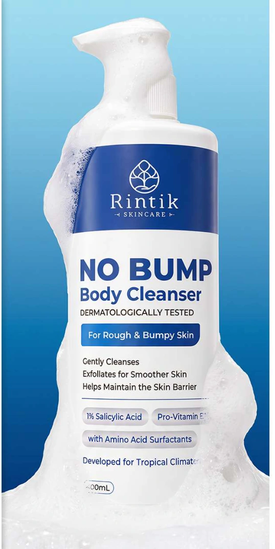 Rintik No Bump Body Cleanser dengan pump dan busa putih